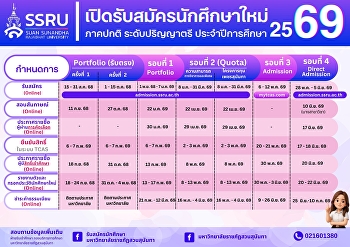 กำหนดการรับสมัครนักศึกษา ระดับปริญญาตรี
(ภาคปกติ) ปีการศึกษา 2569
มหาวิทยาลัยราชภัฏสวนสุนันทา