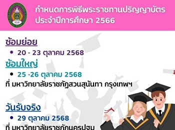มหาวิทยาลัยราชภัฏสวนสุนันทา โดย
กองพัฒนานักศึกษา
ฝ่ายกิจกรรมนักศึกษาและกิจการศิษย์เก่า
กำหนดฝึกซ้อมย่อย ฝึกซ้อมใหญ่
และวันรับพระราชทานปริญญาบัตร
บัณฑิตมหาวิทยาลัยราชภัฏสวนสุนันทา ปีพ.ศ.
2568 (ปีการศึกษา 2566)