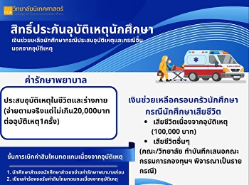 นักศึกษาทุกคนมีสิทธิ์ประกันอุบัติเหตุ
สามารถเบิกค่ารักษาพยาบาลและรับความคุ้มครองตามเงื่อนไขที่กำหนด