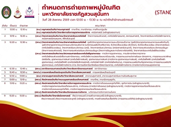 ขอเชิญผู้บริหาร และอาจารย์ทุกท่าน
ร่วมการถ่ายภาพหมู่บัณฑิตประจำปีการศึกษา
2567-2568 ในวันที่ 28-29 สิงหาคม 2569
เวลา 12.00 - 14.00 น. ณ
หน้าอาคารสำนักงานอธิการบดี